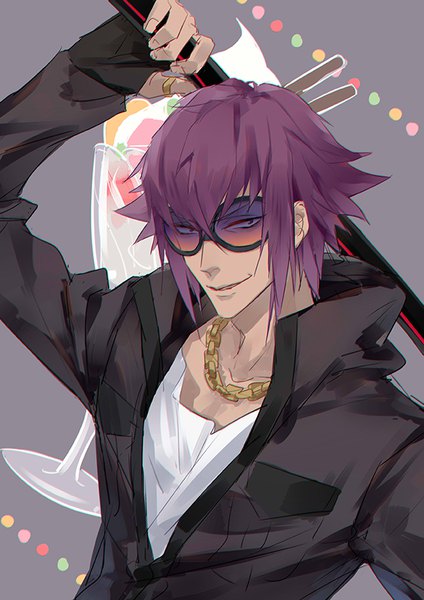 Anime picture 600x848 with re:creators mirokuji yuuya azai single tall image looking at viewer fringe short hair smile hair between eyes payot purple hair upper body grey background boy weapon sword chain ring sunglasses