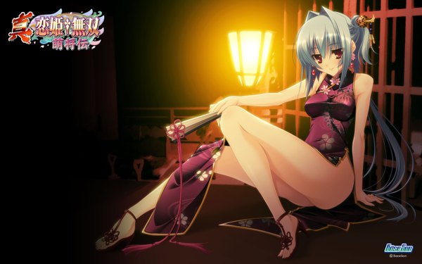 Anime picture 1400x875 with koihime musou doga kobo chouun light erotic red eyes wide image blue hair chinese clothes fan chinese dress