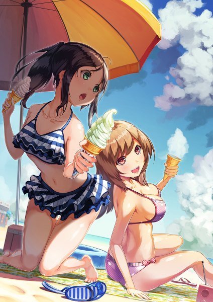 Anime picture 848x1200 with original takanori yamada long hair tall image breasts open mouth light erotic black hair red eyes brown hair multiple girls green eyes sky cloud (clouds) ponytail beach girl 2 girls swimsuit bikini