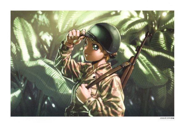 Anime picture 3261x2170 with hiroe rei single highres short hair blonde hair green eyes absurdres scan girl uniform weapon plant (plants) gun military uniform helmet