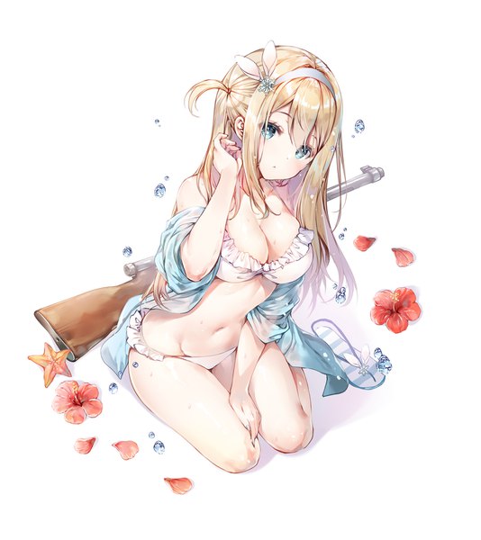 Anime picture 1429x1606 with girls frontline suomi kp31 (girls frontline) miwabe sakura single long hair tall image looking at viewer blush fringe breasts blue eyes light erotic simple background blonde hair hair between eyes large breasts white background sitting full body head tilt
