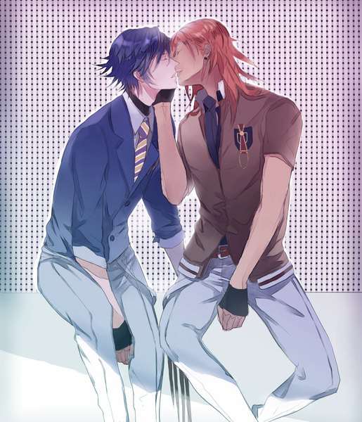 Anime picture 1000x1166 with uta no prince-sama a-1 pictures jinguji ren ichinose tokiya hz (pixiv495788) long hair tall image short hair sitting blue hair eyes closed profile orange hair multiple boys couple between legs shounen ai almost kiss hand on cheek boy