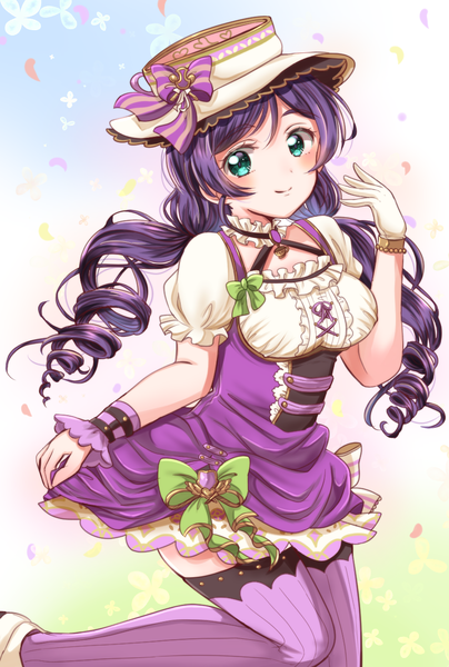 イラスト 850x1260 と ラブライブ! love live! school idol festival サンライズ love live! 東條希 えねこ ソロ 長髪 長身像 カメラ目線 赤面 前髪 simple background 笑顔 立つ ツインテール cleavage purple hair bent knee (knees) aqua eyes