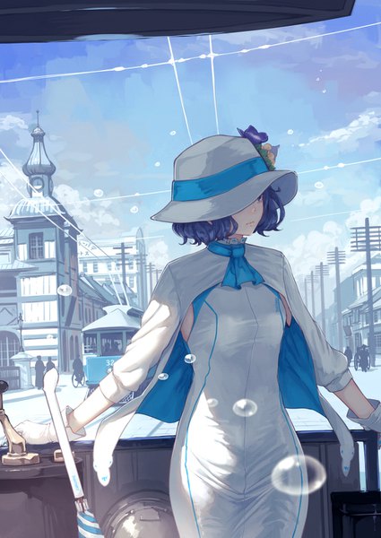 Anime picture 1000x1412 with virtual youtuber suntory suntory nomu kaoming single tall image short hair blue eyes blue hair looking away sky cloud (clouds) scenic closed umbrella girl dress gloves flower (flowers) hat white gloves