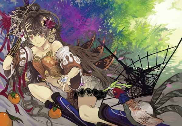 Anime picture 1200x834 with original ryuuri susuki (artist) long hair smile red eyes brown hair bare shoulders very long hair midriff reclining girl skirt hair ornament detached sleeves animal petals tree (trees) boots bird (birds) knee boots