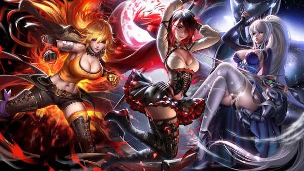 Anime picture 3840x2160 with rwby rooster teeth ruby rose weiss schnee yang xiao long liang xing single long hair looking at viewer fringe highres short hair breasts blue eyes light erotic black hair blonde hair smile hair between eyes wide image
