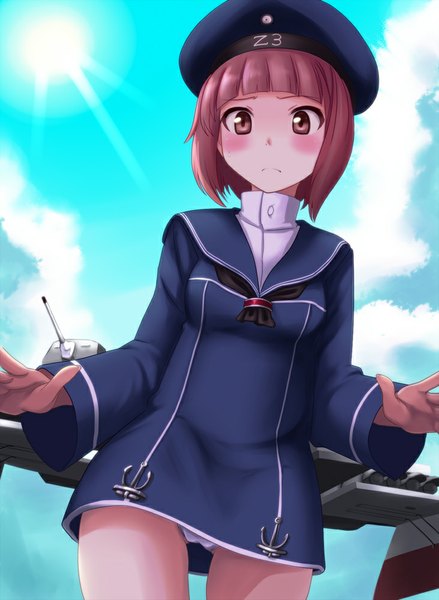 Anime picture 731x1000 with kantai collection z3 destroyer (max schultz) louis814 single tall image looking at viewer blush short hair light erotic brown hair brown eyes sky cloud (clouds) sunlight sunbeam girl uniform underwear panties weapon