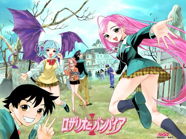 Anime picture 1024x768 with rosario+vampire akashiya moka kurono kurumu sendo yukari aono tsukune morioka ginei nekonome shizuka long hair looking at viewer fringe short hair open mouth light erotic black hair smile standing multiple girls brown eyes blue hair pink hair