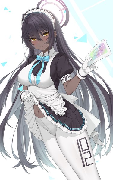 Anime picture 2193x3508 with blue archive karin (blue archive) xubai single long hair tall image looking at viewer blush fringe highres light erotic black hair hair between eyes standing yellow eyes ahoge maid dark skin dress lift girl