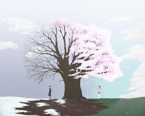 Anime picture 1280x1024 with snowing winter snow spring plant (plants) tree (trees) grass