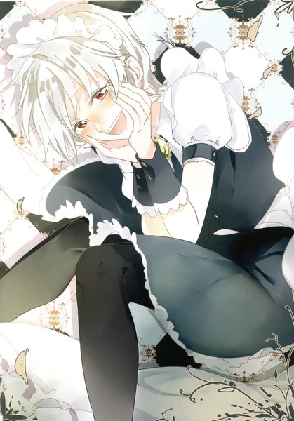 Anime picture 4901x7013 with touhou izayoi sakuya sofy single tall image blush fringe highres short hair open mouth smile red eyes sitting absurdres silver hair braid (braids) scan teeth short sleeves maid