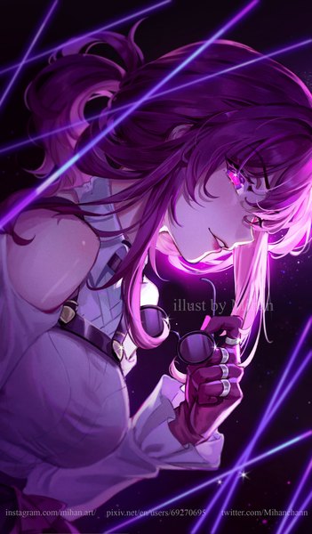 Anime picture 1951x3333 with honkai: star rail honkai (series) kafka (honkai: star rail) mihan77108047 single long hair tall image looking at viewer highres purple eyes signed payot purple hair upper body parted lips profile lipstick sunglasses removed girl gloves