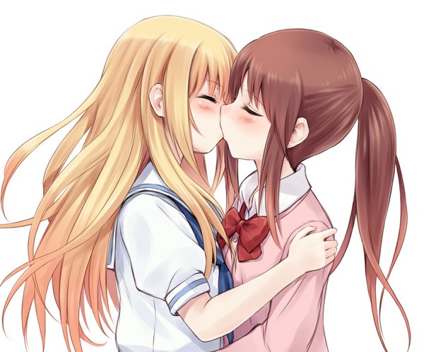 Anime-Bild 1000x831 mit saki takakamo shizuno oohoshi awai suzushiro yukari long hair simple background blonde hair brown hair white background multiple girls ponytail eyes closed shoujo ai kiss girl uniform 2 girls school uniform