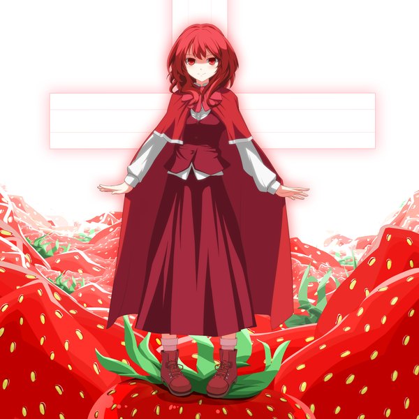 Anime picture 1800x1800 with touhou okazaki yumemi kugi (kugi-xiv) single looking at viewer highres short hair red eyes standing payot red hair long sleeves light smile skirt ribbon (ribbons) food boots cape cross berry (berries)