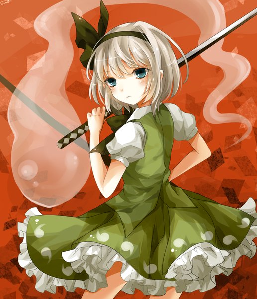 Anime picture 1476x1712 with touhou konpaku youmu sumi mi single tall image looking at viewer blush short hair blue eyes white hair ghost girl dress weapon sword hairband katana