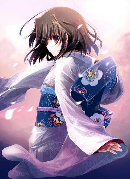 Anime picture 1000x1375 with kara no kyoukai type-moon ryougi shiki izumiya otoha single tall image short hair black hair red eyes traditional clothes japanese clothes girl kimono obi