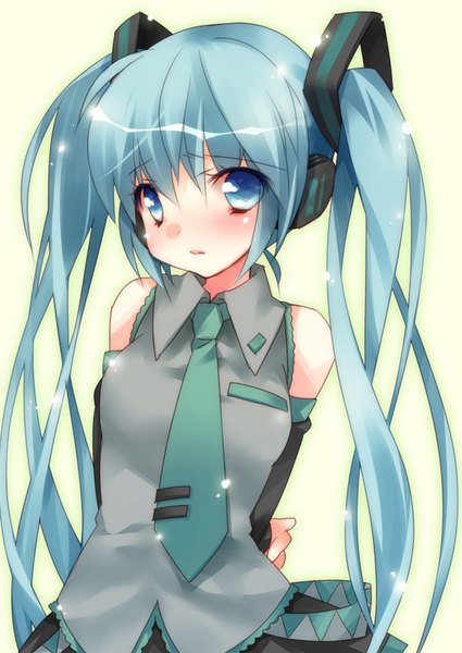 Anime picture 627x886 with vocaloid hatsune miku ech single long hair tall image blush blue eyes simple background white background twintails blue hair hands behind back cute girl detached sleeves necktie headphones
