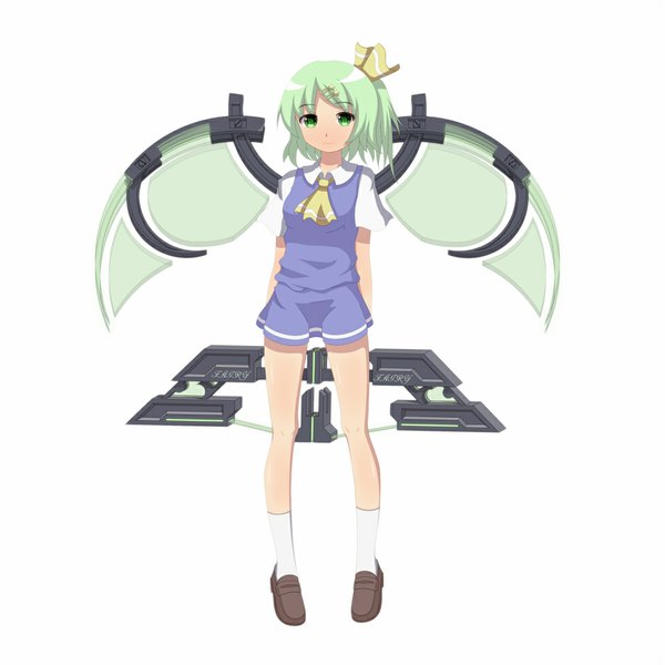Anime picture 1000x1000 with touhou daiyousei kinakomoti (artist) single looking at viewer short hair simple background white background green eyes green hair one side up mechanical wings girl dress wings socks white socks