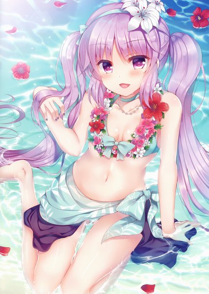 Anime picture 2110x2954 with fate (series) fate/hollow ataraxia euryale (fate) suzunone rena single tall image looking at viewer blush fringe highres open mouth light erotic smile sitting purple eyes twintails purple hair bent knee (knees) outdoors very long hair