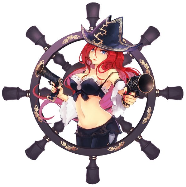 Anime picture 1000x1005 with league of legends miss fortune (league of legends) single long hair tall image looking at viewer breasts blue eyes light erotic large breasts white background red hair midriff girl navel detached sleeves gun pirate hat