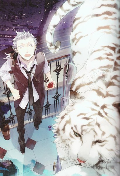 Anime picture 1194x1746 with kazuaki tall image short hair open mouth full body white hair one eye closed wink white eyes boy animal shirt necktie vest wine glass tiger balcony white tiger