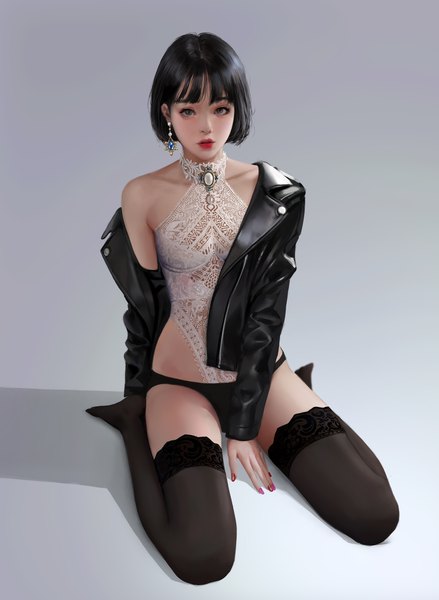 Anime picture 2197x3000 with original jwhs10 single tall image looking at viewer fringe highres short hair light erotic black hair simple background sitting brown eyes full body blunt bangs long sleeves nail polish fingernails lips realistic