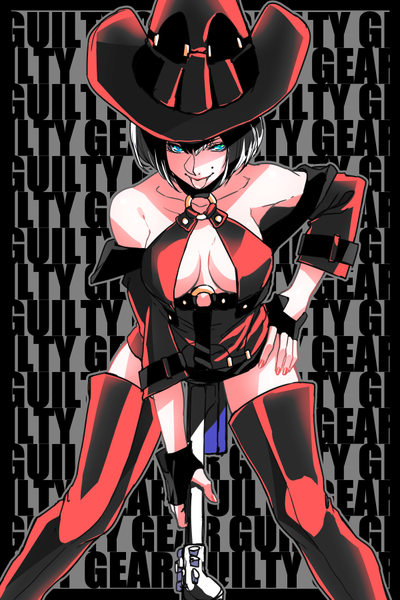 Anime picture 600x900 with guilty gear i-no pizaya single tall image short hair light erotic black hair bare shoulders cleavage nail polish aqua eyes mole leaning leaning forward copyright name hand on hip shaded face red nail polish girl