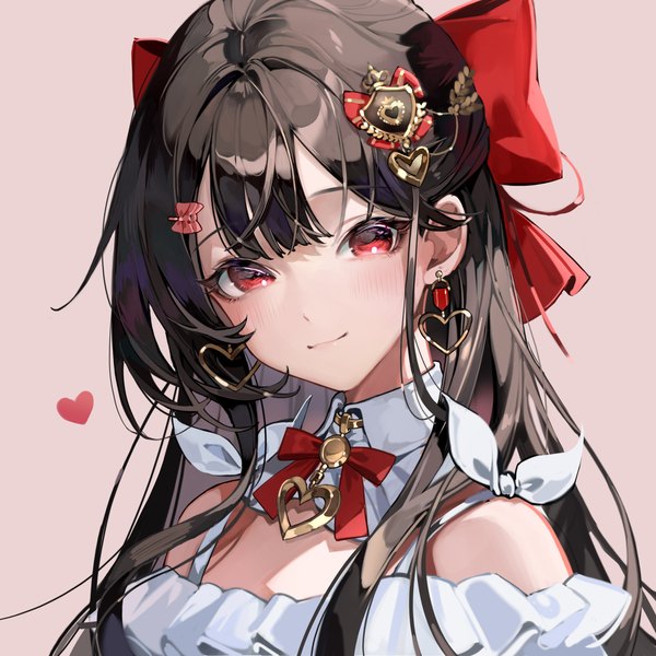 Anime-Bild 2000x2000 mit original chyoel single long hair looking at viewer blush fringe highres black hair simple background red eyes upper body light smile pink background girl bow hair bow earrings heart