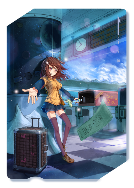 Anime picture 1141x1600 with original kamome yuu single tall image blush short hair red eyes brown hair spread arms girl thighhighs skirt black thighhighs miniskirt train