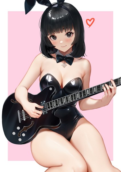 Anime picture 1448x2048 with real life zsa resty margana jubi (regiana) single tall image looking at viewer fringe short hair breasts light erotic black hair simple background smile sitting animal ears blunt bangs bunny ears fake animal ears pink background playing instrument