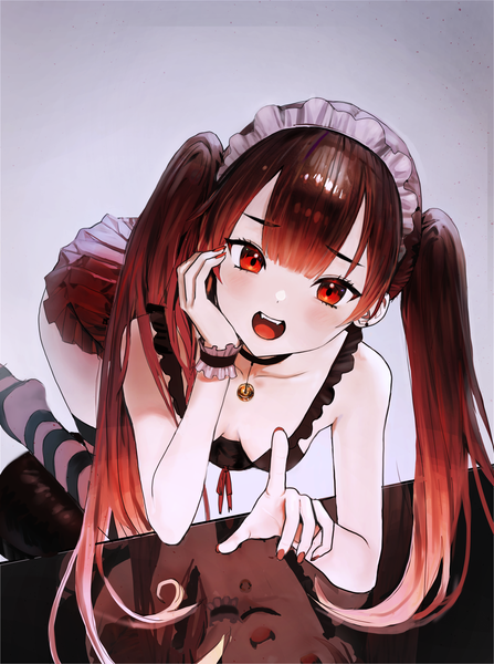 Anime-Bild 2757x3700 mit original ah (pixiv62888100) single long hair tall image looking at viewer blush fringe highres breasts open mouth light erotic simple background red eyes brown hair twintails bare shoulders cleavage blunt bangs nail polish