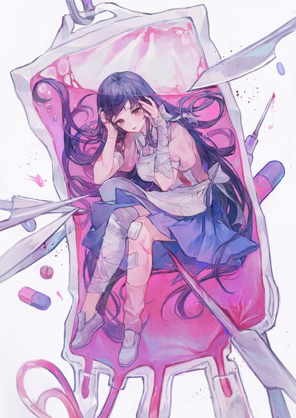 Anime picture 2150x3035 with dangan ronpa super dangan ronpa 2 tsumiki mikan maccha (mochancc) single tall image highres white background purple hair full body very long hair pink eyes puffy sleeves hands on head in container girl bandage (bandages) bandaid intravenous drip pills