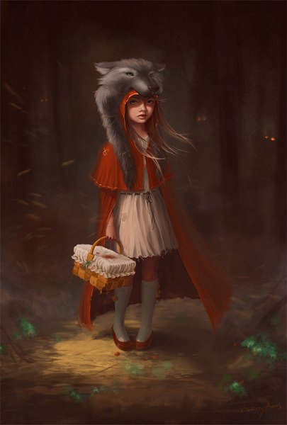 Anime picture 1100x1627 with little red riding hood original little red riding hood (character) sneznybars single long hair tall image looking at viewer blonde hair standing bare shoulders full body lips girl dress plant (plants) tree (trees) socks leaf (leaves) white socks