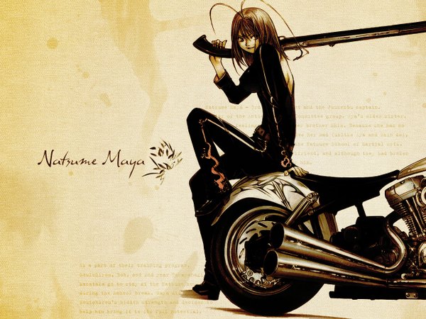 Anime picture 1280x960 with tenjou tenge natsume maya oogure ito single short hair sitting full body ahoge wallpaper character names third-party edit weapon over shoulder polychromatic girl weapon gun ground vehicle motorcycle