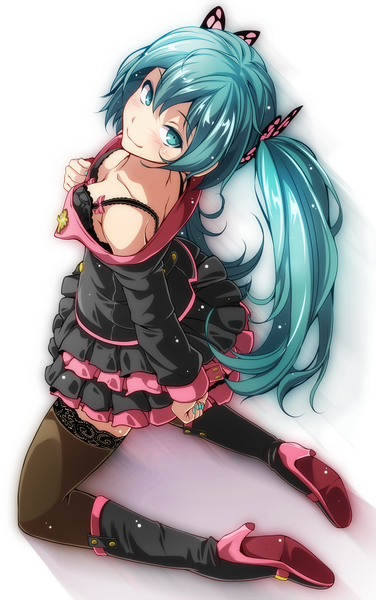 Anime-Bild 1570x2500 mit project diva vocaloid sweet devil (vocaloid) hatsune miku tsukishiro saika single long hair tall image looking at viewer blush fringe breasts light erotic simple background smile hair between eyes white background twintails bare shoulders cleavage