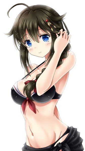 Anime picture 640x1136 with kantai collection shigure destroyer amou yuu single long hair tall image looking at viewer blush fringe breasts blue eyes light erotic simple background smile hair between eyes brown hair white background upper body ahoge braid (braids)