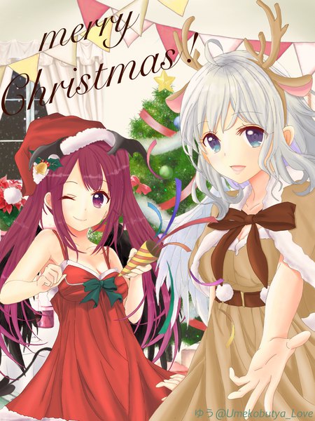 Anime picture 1620x2160 with original yuu (umekobutya love) long hair tall image blue eyes purple eyes twintails multiple girls signed animal ears silver hair ahoge red hair indoors horn (horns) twitter username fake animal ears christmas outstretched hand head wings