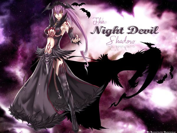 Anime picture 1600x1200 with yellow eyes purple hair tattoo dark background demon girl girl thighhighs bat