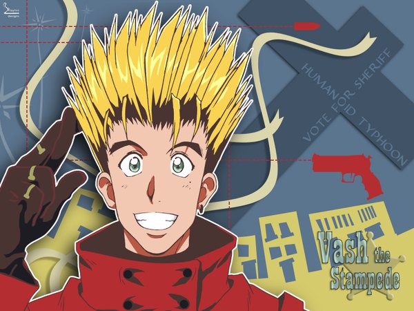 Anime picture 1600x1200 with trigun vash the stampede single looking at viewer short hair blonde hair smile green eyes upper body wallpaper character names grin piercing ear piercing spiked hair crossed fingers boy gloves weapon black gloves