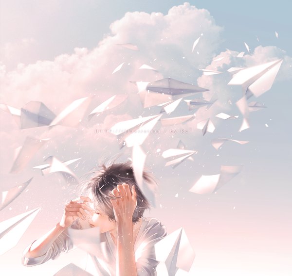 Anime picture 1092x1036 with original re (artist) single short hair signed sky cloud (clouds) upper body eyes closed profile wind grey hair arms up twisty sleeves boy paper airplane
