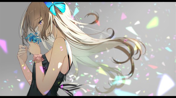 Anime picture 2500x1407 with original sutorora single long hair blush fringe highres breasts simple background brown hair wide image standing purple eyes bare shoulders holding looking away upper body profile blurry grey background