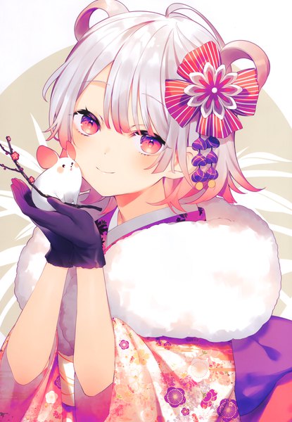 Anime picture 2079x3002 with original achiki single tall image looking at viewer highres short hair smile red eyes holding silver hair upper body ahoge traditional clothes japanese clothes scan gradient hair new year cropped plum blossoms