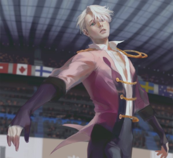 Anime picture 800x728 with yuri!!! on ice mappa viktor nikiforov emg (christain) single looking at viewer fringe short hair blue eyes white hair parted lips hair over one eye realistic from below spread arms boy gloves fingerless gloves flag canadian flag