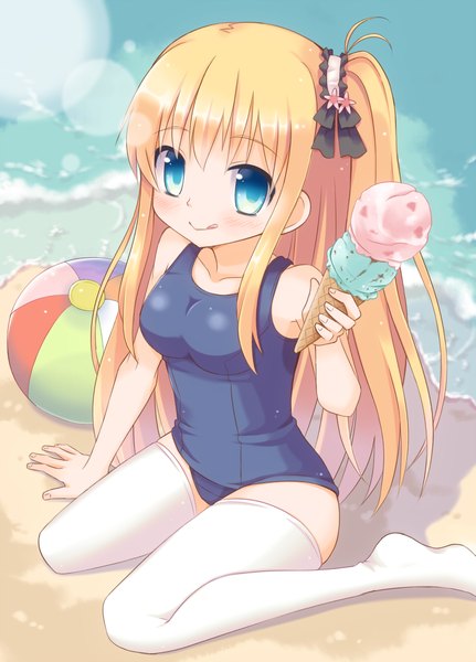 Anime picture 1000x1390 with charlotte p.a. works nishimori yusa momoniku (taretare-13) single long hair tall image looking at viewer fringe breasts blue eyes light erotic blonde hair sitting one side up wariza sand girl thighhighs swimsuit