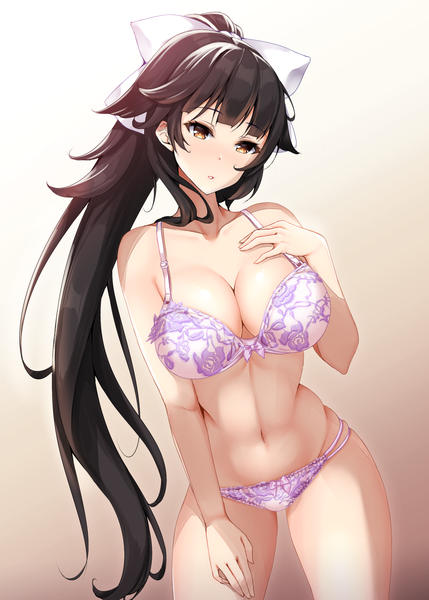 Anime picture 1430x2000 with azur lane takao (azur lane) fukuda shuushi single long hair tall image looking at viewer blush fringe breasts light erotic black hair simple background bare shoulders brown eyes cleavage ponytail blunt bangs parted lips underwear only