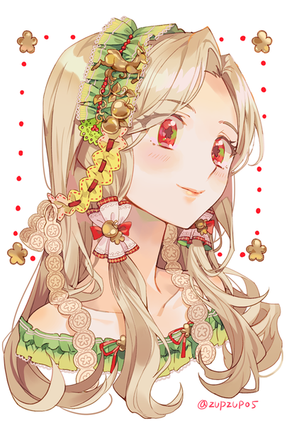 Anime picture 600x888 with original inzup single long hair tall image blush blonde hair red eyes white background signed looking away light smile twitter username symbol-shaped pupils portrait girl hair tubes lolita hairband
