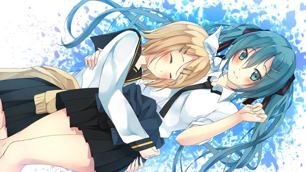 Anime picture 1920x1080 with vocaloid hatsune miku kagamine rin o daizen long hair blush highres short hair blonde hair smile wide image multiple girls eyes closed aqua eyes aqua hair hug girl skirt uniform hair ornament