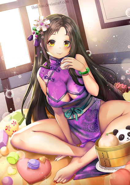 Anime picture 744x1052 with original riiya (mabong1989) single long hair tall image looking at viewer blush breasts light erotic smile brown hair large breasts sitting holding signed yellow eyes indoors nail polish traditional clothes barefoot