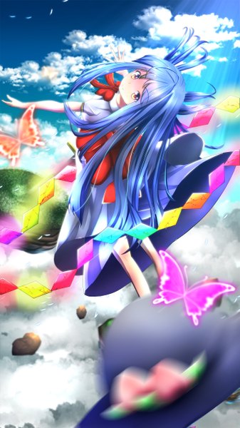 Anime picture 1405x2500 with touhou hinanawi tenshi kagayan1096 single long hair tall image looking at viewer brown eyes blue hair sky cloud (clouds) girl dress hat insect butterfly