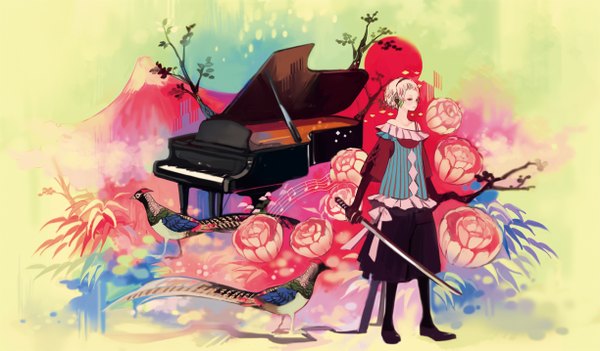 Anime picture 1224x717 with original 24 (artist) single short hair blonde hair wide image bare shoulders mountain girl gloves flower (flowers) bow weapon plant (plants) animal pantyhose sword tree (trees) headphones bird (birds)